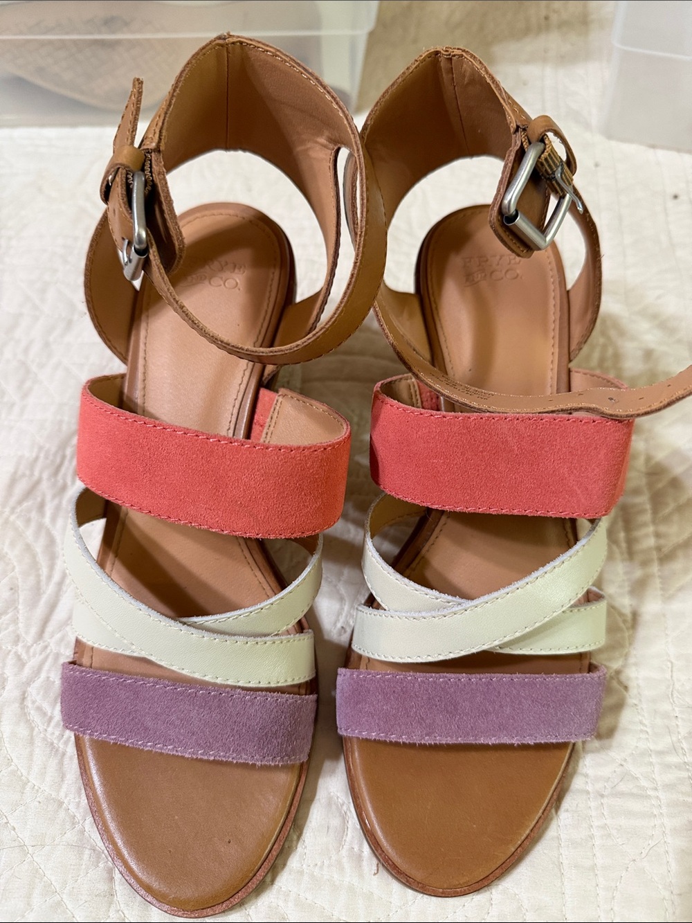 FRYE AND CO. Coral, Cream & Lavender Strappy Block Heel Sandal